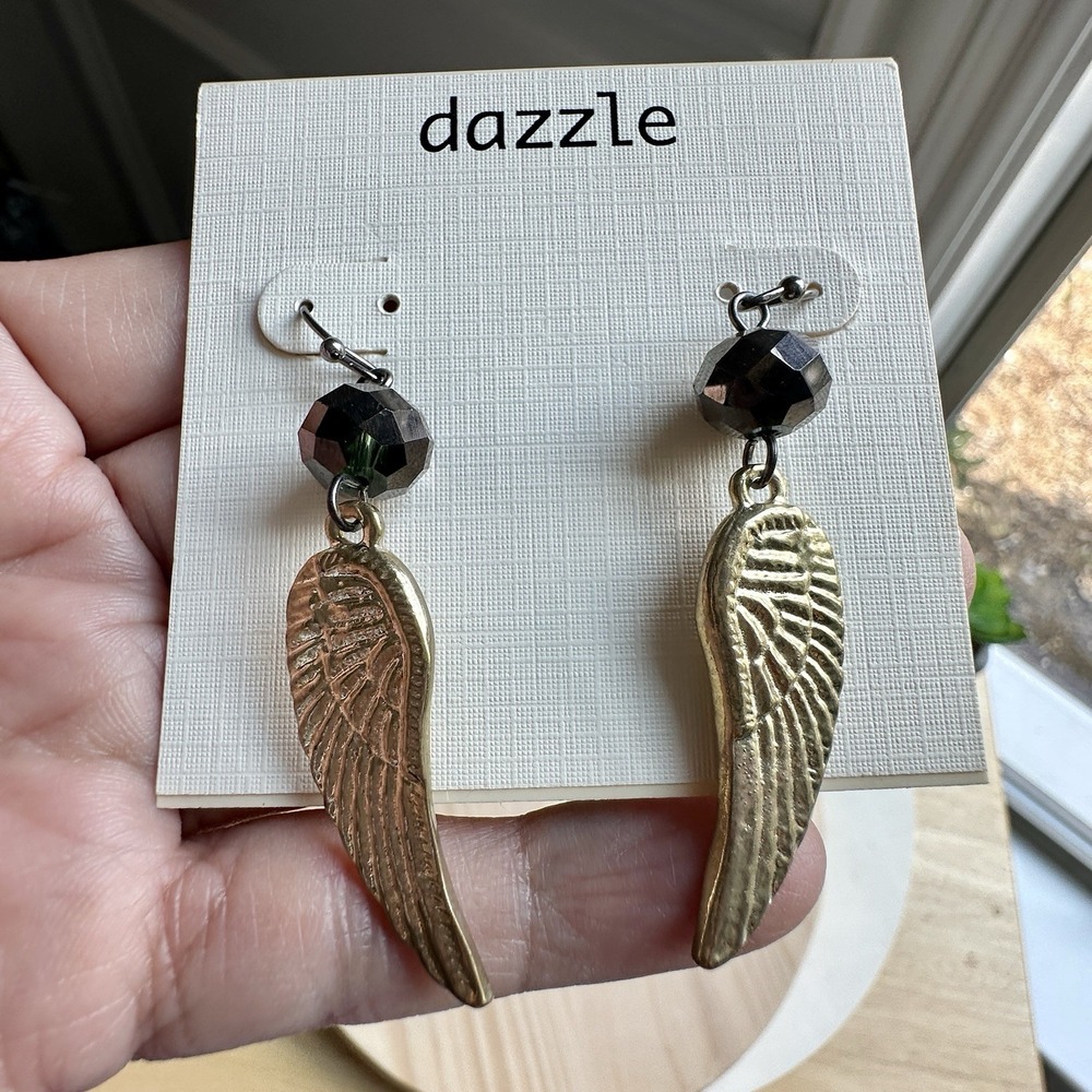 Angel Wing Earrings 2 Inch Dangle Hook Closure Smoky Glass Bead Whimsical NOS